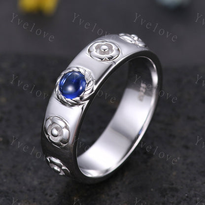 Howls Moving Castle Ring 4mm Round Natural Blue Sapphire Wedding Band S925 Silver Ring Howl's Ring Sophie's Ring Stacking Matching Band Gift