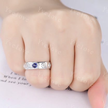 Howls Moving Castle Ring 4mm Round Natural Blue Sapphire Wedding Band S925 Silver Ring Howl's Ring Sophie's Ring Stacking Matching Band Gift