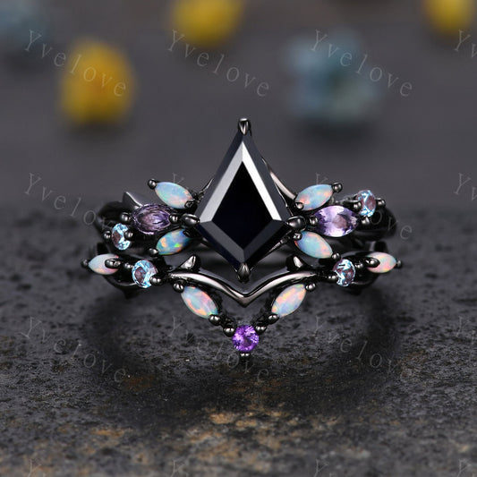 Vintage Kite Black Onyx Engagement Ring Set,Black Gold,Vines Amethyst Opal Ring,Women Bridal Set,Unique Twig Anniversary Promise Ring Gift