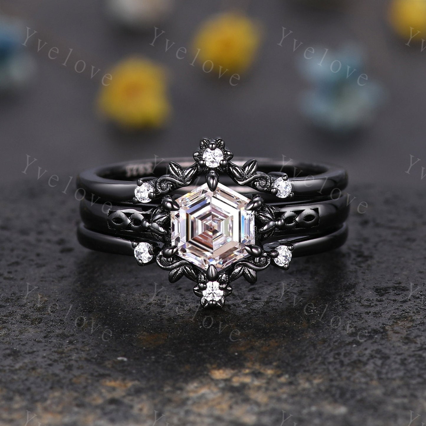 Unique Hexagon Shaped Lab Grown Diamond Engagement Ring Black Gold Vintage CVD Diamond Wedding Ring Art Deco Promise Bridal Ring For Women