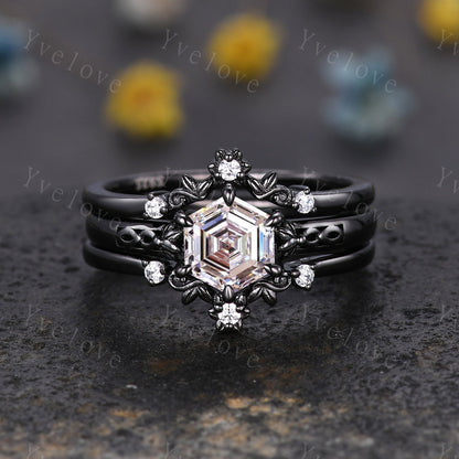 Unique Hexagon Shaped Lab Grown Diamond Engagement Ring Black Gold Vintage CVD Diamond Wedding Ring Art Deco Promise Bridal Ring For Women