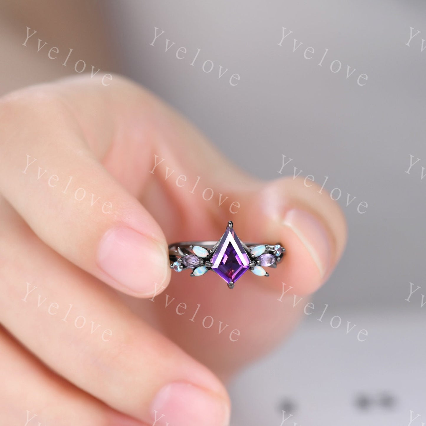 Vintage Kite Amethyst Engagement Ring Set,Black Gold,Vines Amethyst Opal Ring,Women Bridal Set,Unique Twig Anniversary Promise Ring Gift