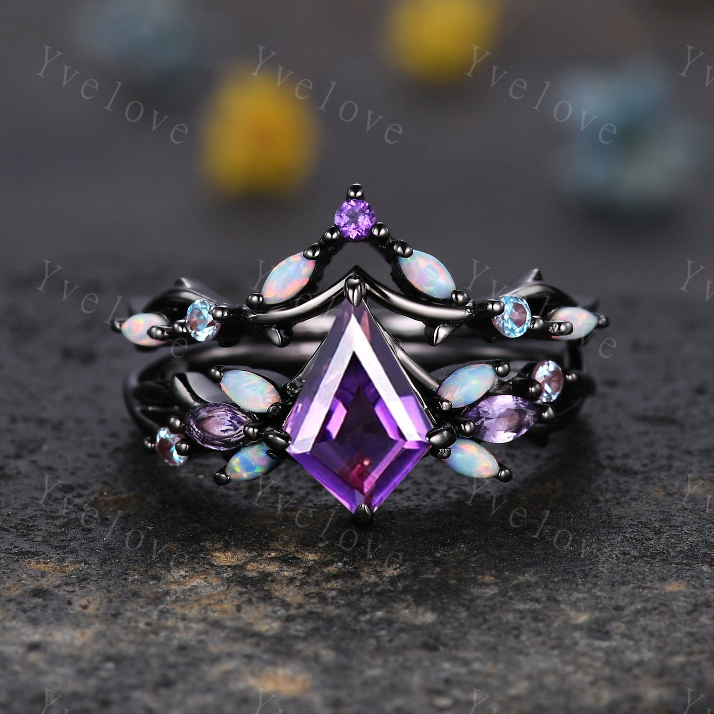 Vintage Kite Amethyst Engagement Ring Set,Black Gold,Vines Amethyst Opal Ring,Women Bridal Set,Unique Twig Anniversary Promise Ring Gift