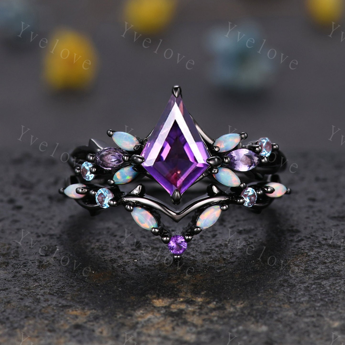 Vintage Kite Amethyst Engagement Ring Set,Black Gold,Vines Amethyst Opal Ring,Women Bridal Set,Unique Twig Anniversary Promise Ring Gift