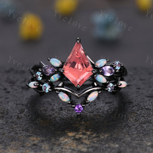 Vintage Kite Padparadscha sapphire Engagement Ring Set,Black Gold,Vines Amethyst Opal Ring,Women Bridal Set,Unique Twig Promise Ring Gift