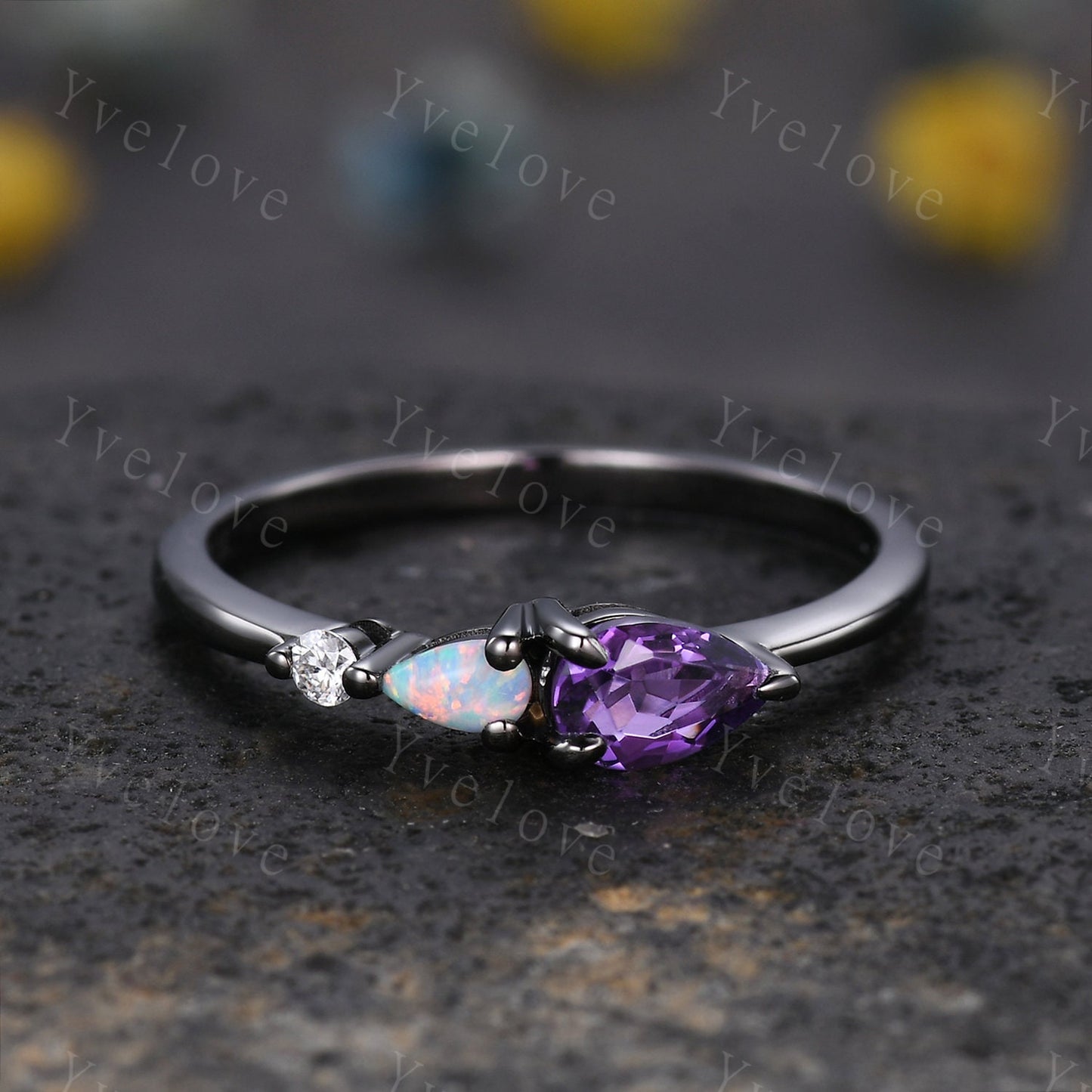 Vintage Amethyst Opal Engagement Ring,Pear Cut Gems,Art Deco Moissanite Wedding Band,3 Stone Unique Women Bridal Promise Ring,Black Gold