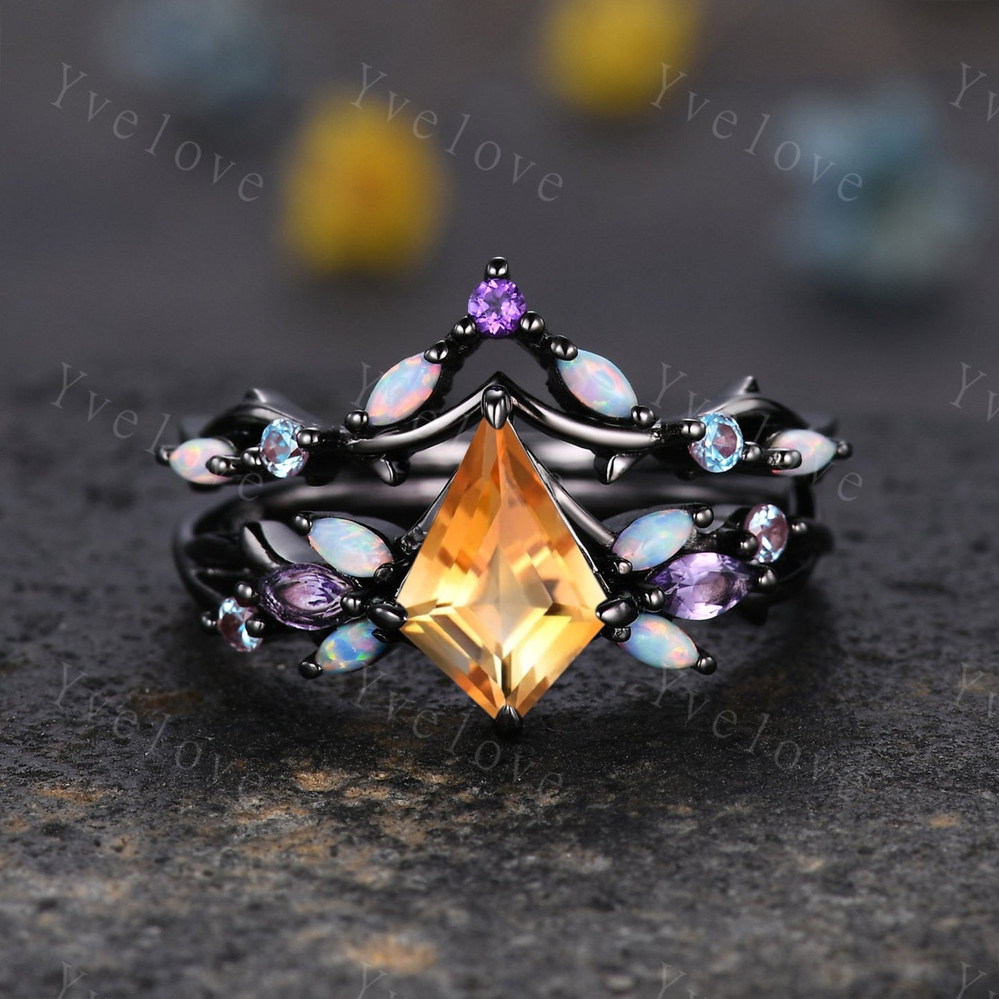 Vintage Kite Citrine Engagement Ring Set,Black Gold,Vines Amethyst Opal Ring,Women Bridal Set,Unique Twig Anniversary Promise Ring Gift