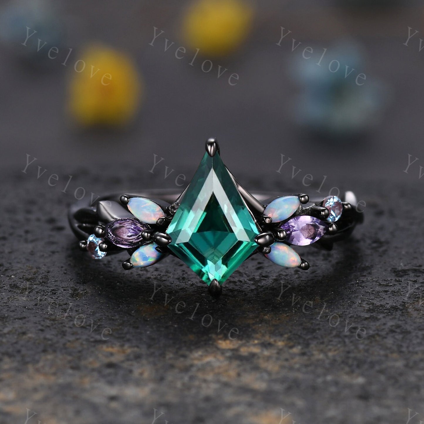 Vintage Kite Emerald Engagement Ring Set,Black Gold,Vines Amethyst Opal Ring,Women Bridal Set,Unique Twig Anniversary Promise Ring Gift