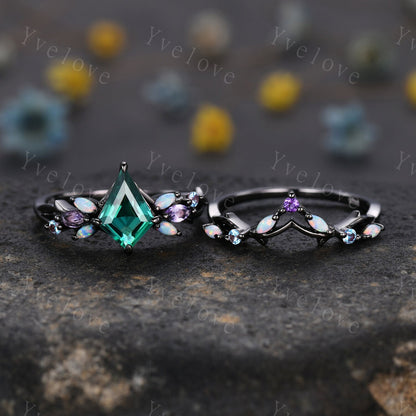 Vintage Kite Emerald Engagement Ring Set,Black Gold,Vines Amethyst Opal Ring,Women Bridal Set,Unique Twig Anniversary Promise Ring Gift