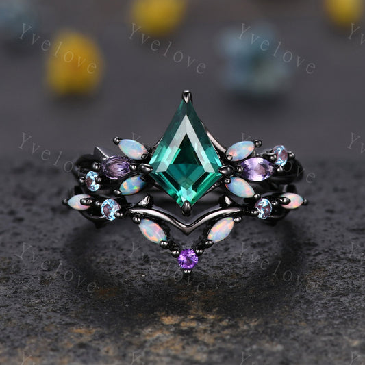 Vintage Kite Emerald Engagement Ring Set,Black Gold,Vines Amethyst Opal Ring,Women Bridal Set,Unique Twig Anniversary Promise Ring Gift