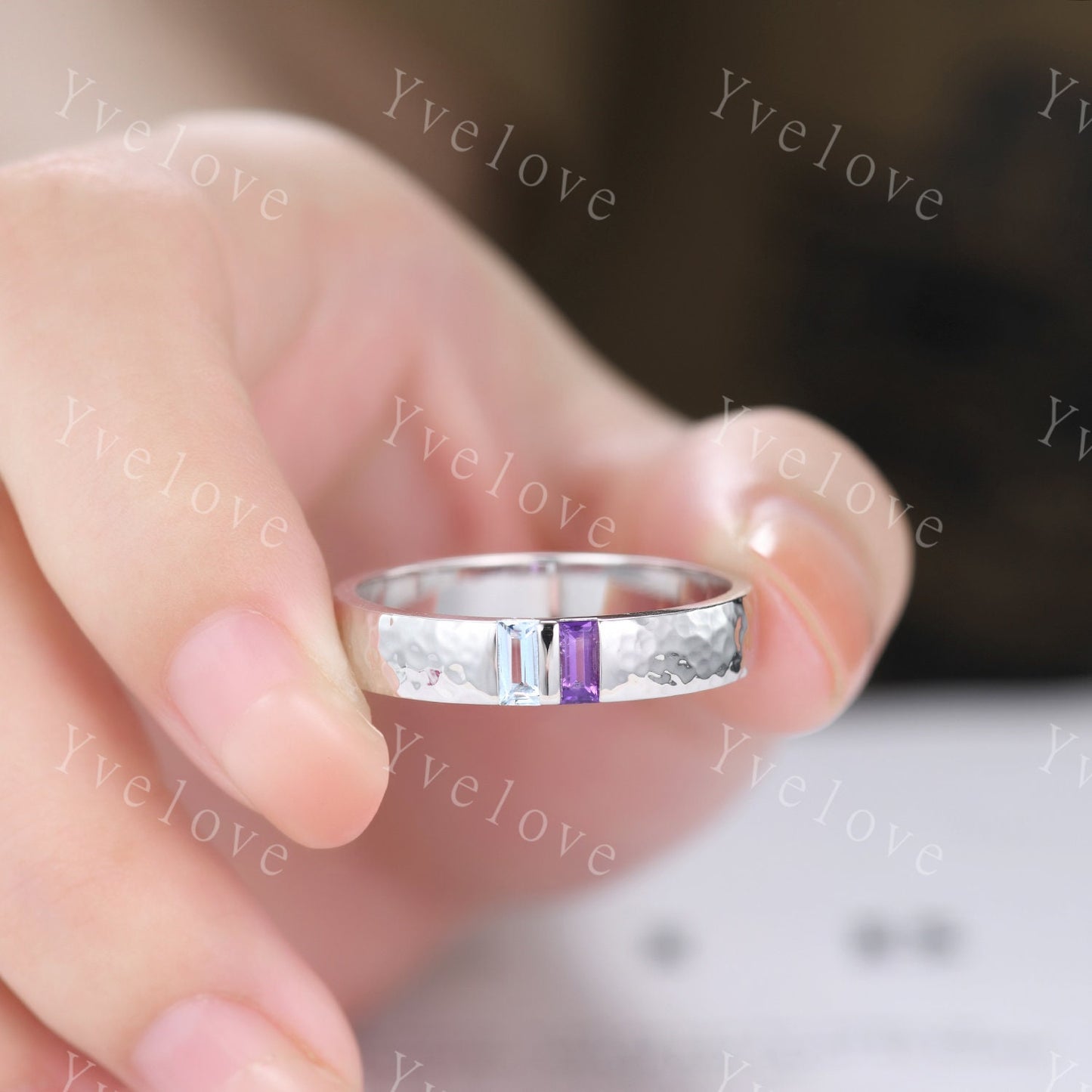 Mens Amethyst Aquamarine Wedding Band Baguette Cut Amethyst Band 5mm Aquamarine Ring Mens Hammered Stacking Matching Band Retro Vintage Gift