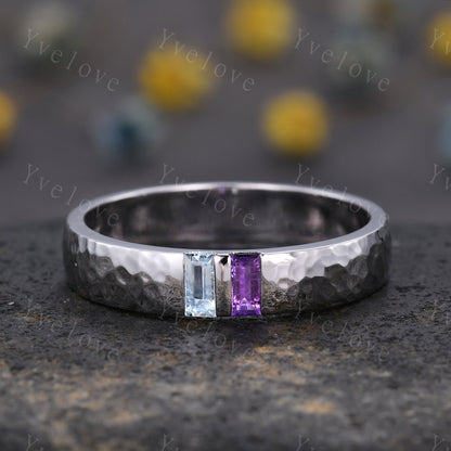 Mens Amethyst Aquamarine Wedding Band Baguette Cut Amethyst Band 5mm Aquamarine Ring Mens Hammered Stacking Matching Band Retro Vintage Gift