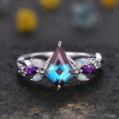 Vintage Kite Alexandrite Engagement Ring Set,White Gold,Vines Amethyst Opal Ring,Women Bridal Set,Unique Twig Anniversary Promise Ring Gift