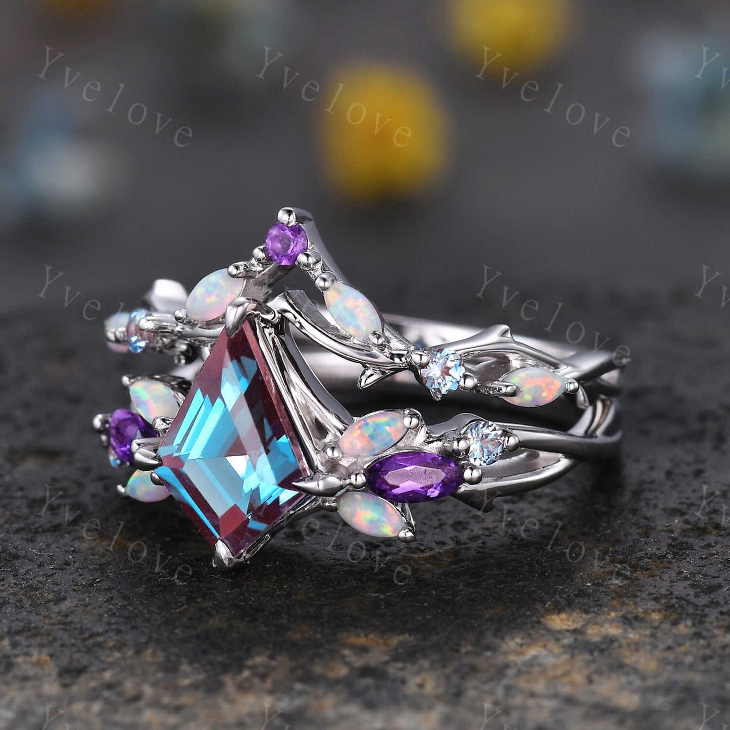 Vintage Kite Alexandrite Engagement Ring Set,White Gold,Vines Amethyst Opal Ring,Women Bridal Set,Unique Twig Anniversary Promise Ring Gift