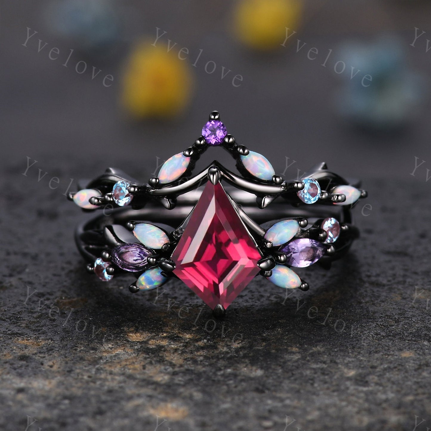 Vintage Kite Red Ruby Engagement Ring Set,Black Gold,Vines Amethyst Opal Ring,Women Bridal Set,Unique Twig Anniversary Promise Ring Gift