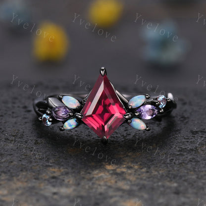 Vintage Kite Red Ruby Engagement Ring Set,Black Gold,Vines Amethyst Opal Ring,Women Bridal Set,Unique Twig Anniversary Promise Ring Gift