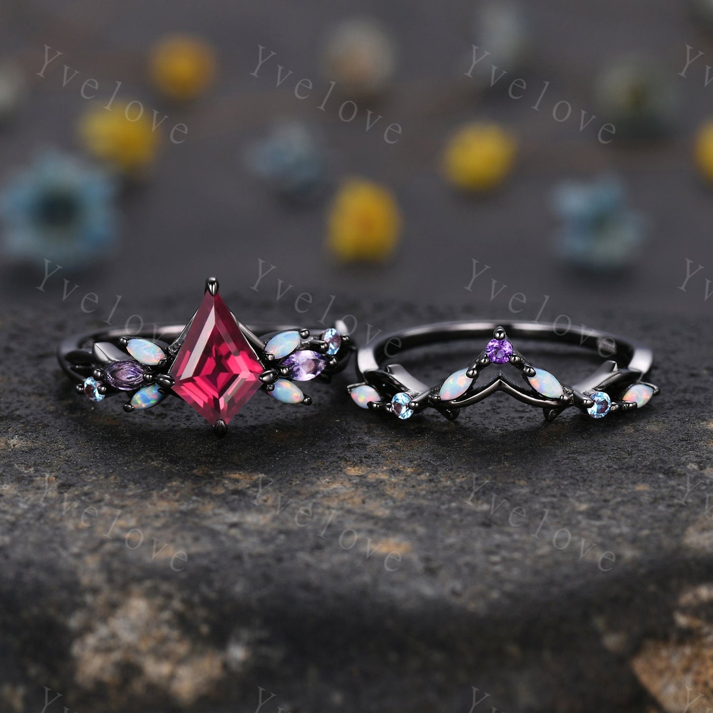 Vintage Kite Red Ruby Engagement Ring Set,Black Gold,Vines Amethyst Opal Ring,Women Bridal Set,Unique Twig Anniversary Promise Ring Gift