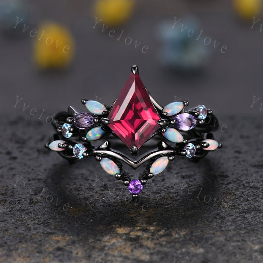 Vintage Kite Red Ruby Engagement Ring Set,Black Gold,Vines Amethyst Opal Ring,Women Bridal Set,Unique Twig Anniversary Promise Ring Gift