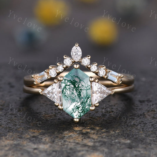 Retro hexagon cut Moss Agate Ring,Vintage Moissanite Gold Ring,Unique Engagement Ring Set,Baguette Aquamarine Promise Ring,Bridal Ring Gift