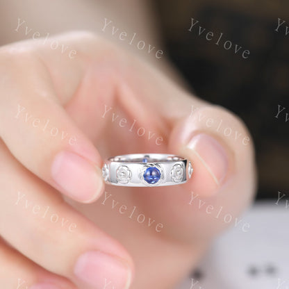 Howls Moving Castle Ring 4mm Round Natural Blue Sapphire Wedding Band S925 Silver Ring Howl's Ring Sophie's Ring Stacking Matching Band Gift