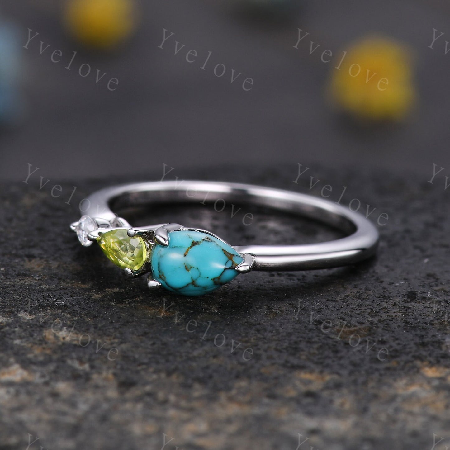 Vintage Turquoise Peridot Ring Engagement Ring,Pear Cut Gems,Art Deco Moissanite Wedding Band,3 Stone Unique Women Bridal Promise Ring