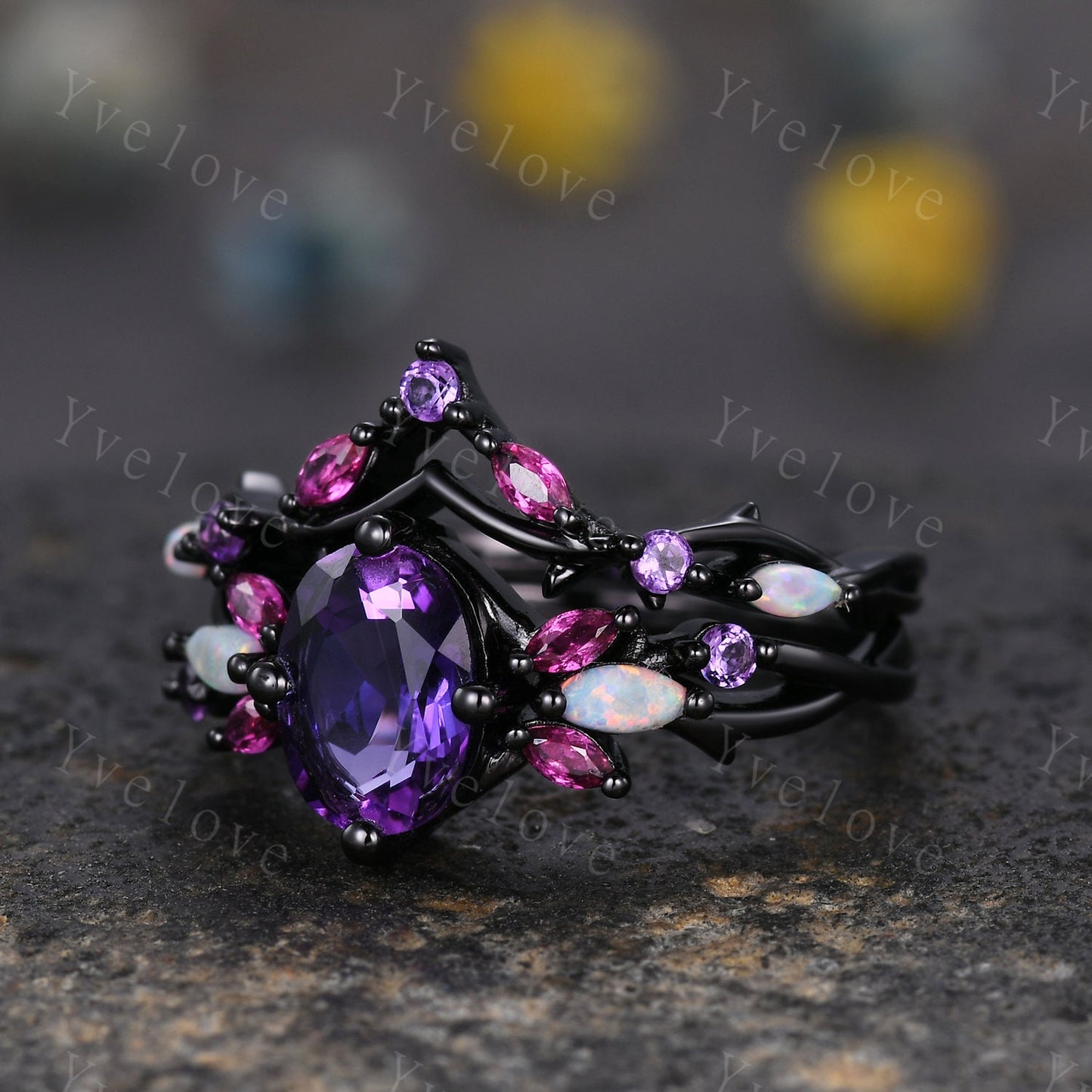 Vintage Oval Amethyst Engagement Ring Set,Black Gold,Vines Red Ruby Opal Ring,Women Bridal Set,Unique Twig Anniversary Promise Ring Gift