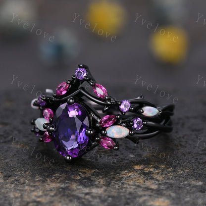 Vintage Oval Amethyst Engagement Ring Set,Black Gold,Vines Red Ruby Opal Ring,Women Bridal Set,Unique Twig Anniversary Promise Ring Gift