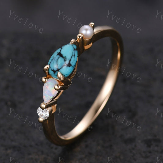 Vintage Turquoise Opal Ring Engagement Ring,Pear Cut Gems,Art Deco Pearl Moissanite Wedding Band,4 Stone Unique Women Bridal Promise Ring