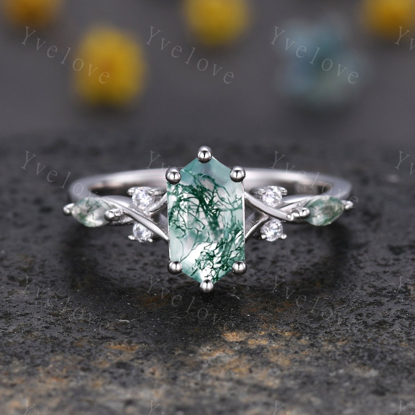 Unique Moss Agate Ring,Green Agate Engagement Ring,Marquise Moss Agate,Moissanite Matching Stacking Wedding Band,Vine Twig Ring for women