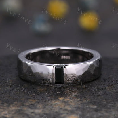 Mens Black Onyx Wedding Band Baguette Cut Black Gem Band White Gold Ring Mens Hammered Stacking Matching Band Retro Vintage Ring Gift