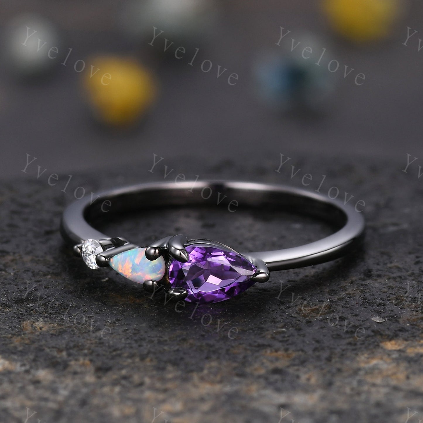 Vintage Amethyst Opal Engagement Ring,Pear Cut Gems,Art Deco Moissanite Wedding Band,3 Stone Unique Women Bridal Promise Ring,Black Gold