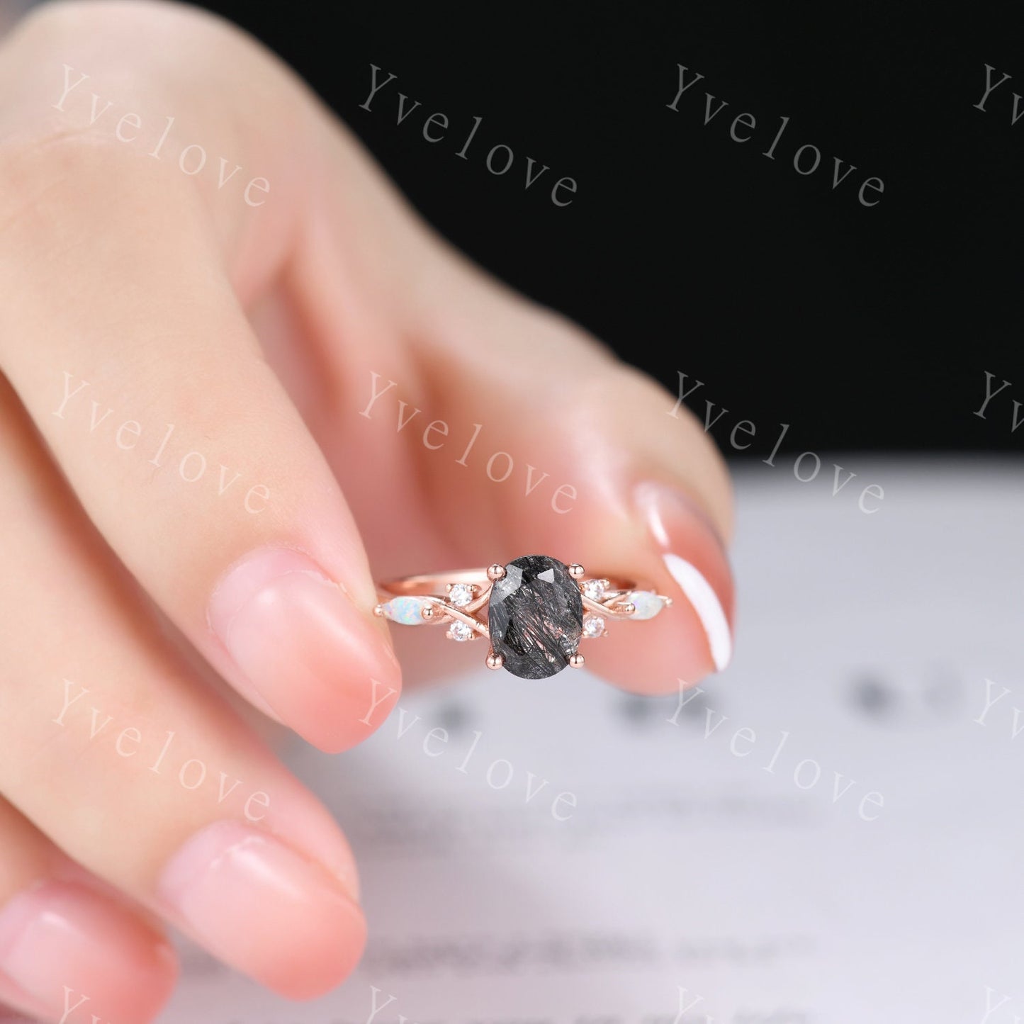 Vintage oval black rutilated quartz engagement ring white opal diamond ring silver unique bridal ring art deco anniversary gift personalized