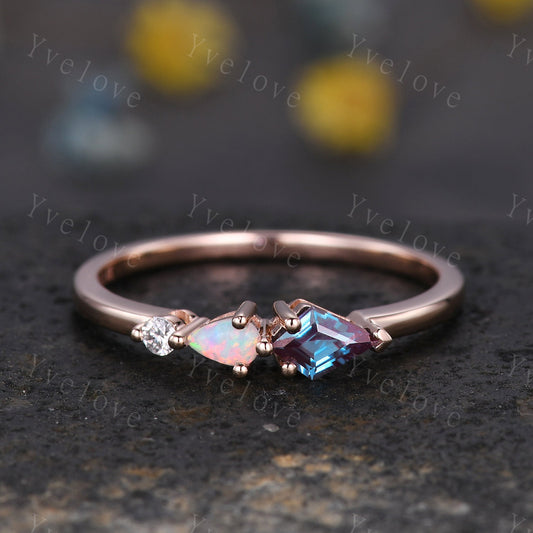 Unique Alexandrite Opal Engagement Ring,Kite Cut Gems,Art Deco Moissanite Wedding Band,3 Stone Unique Women Bridal Promise Ring,Customized