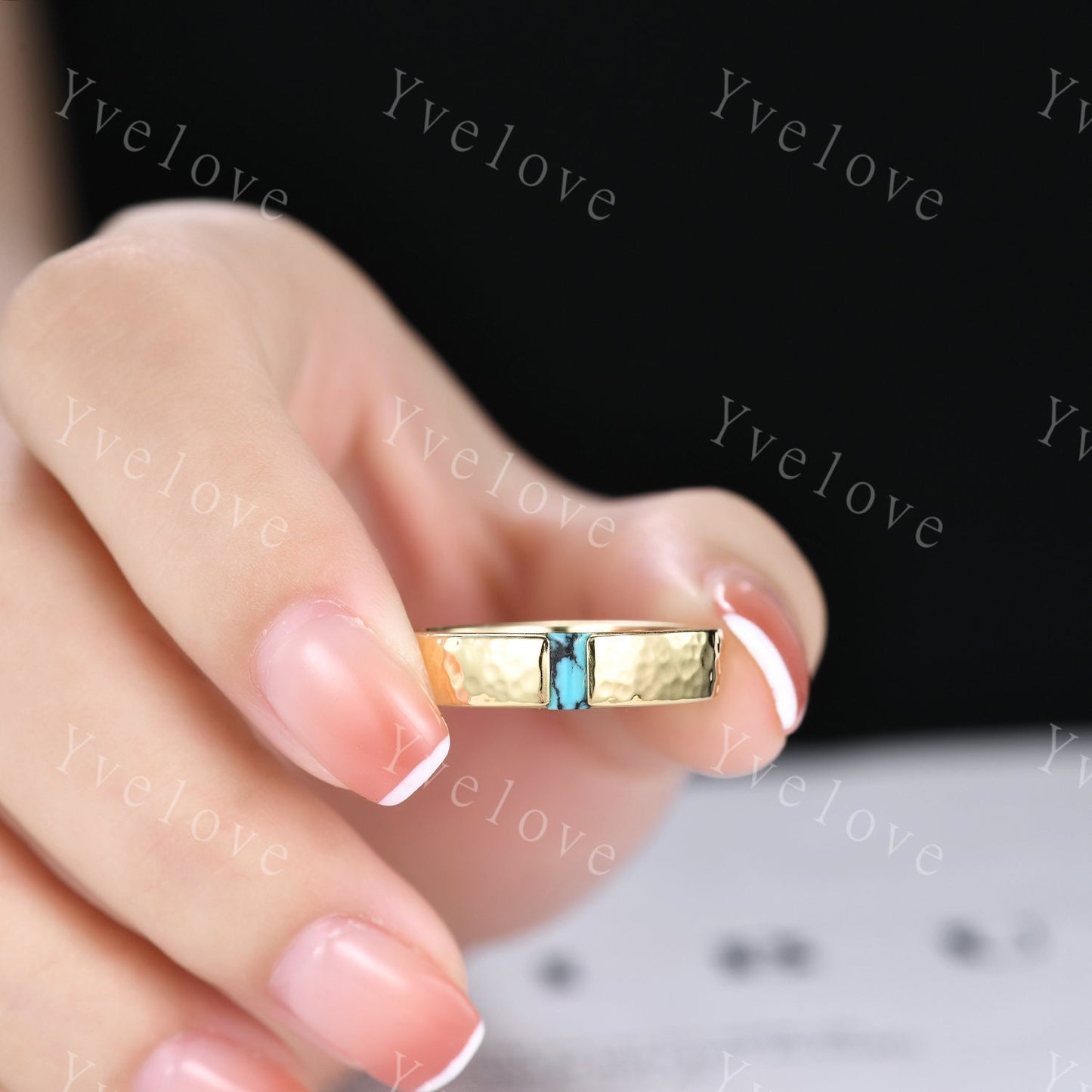 Mens Turquoise Wedding Band Baguette Cut Turquoise Band 5mm Solid Gold Ring Mens Hammered Stacking Matching Band Retro Vintage Ring Gift