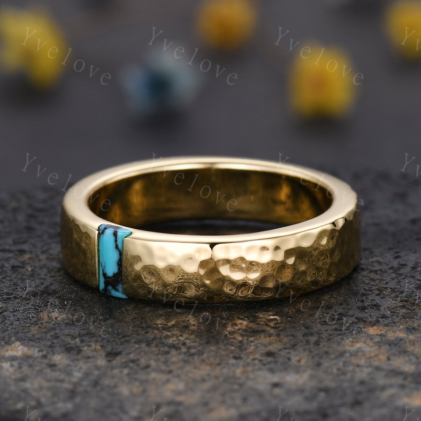 Mens Turquoise Wedding Band Baguette Cut Turquoise Band 5mm Solid Gold Ring Mens Hammered Stacking Matching Band Retro Vintage Ring Gift