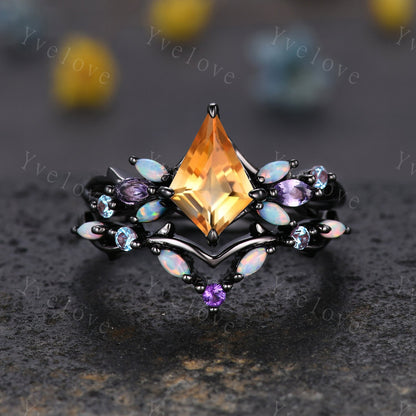 Vintage Kite Citrine Engagement Ring Set,Black Gold,Vines Amethyst Opal Ring,Women Bridal Set,Unique Twig Anniversary Promise Ring Gift