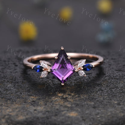 Vintage Kite Shaped Amethyst Engagement Ring Rose Gold Women Unique Moissanite Blue Sapphire Gem Matching Band Promise Bridal Stacking Ring