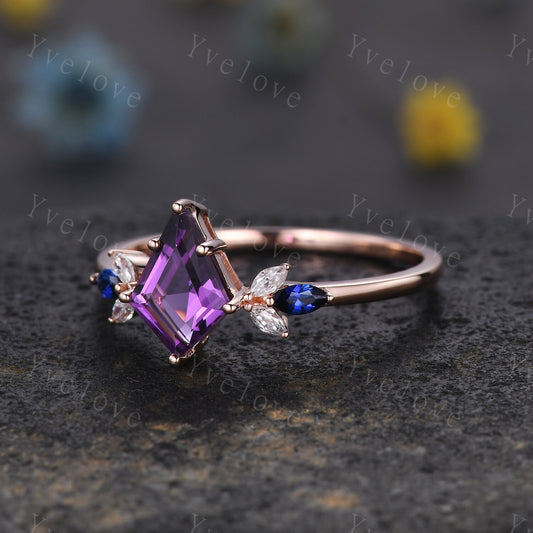 Vintage Kite Shaped Amethyst Engagement Ring Rose Gold Women Unique Moissanite Blue Sapphire Gem Matching Band Promise Bridal Stacking Ring