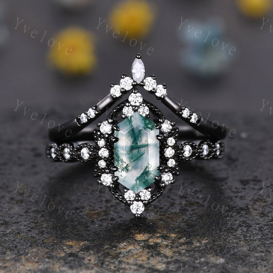 Retro Hexagon Shaped Moss Agate Engagement Ring Set Black Gold Antique V Curved Moissanite Stack Matching Wedding Band Bridal Set For Women