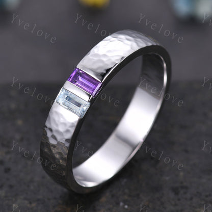 Mens Amethyst Aquamarine Wedding Band Baguette Cut Amethyst Band 5mm Aquamarine Ring Mens Hammered Stacking Matching Band Retro Vintage Gift