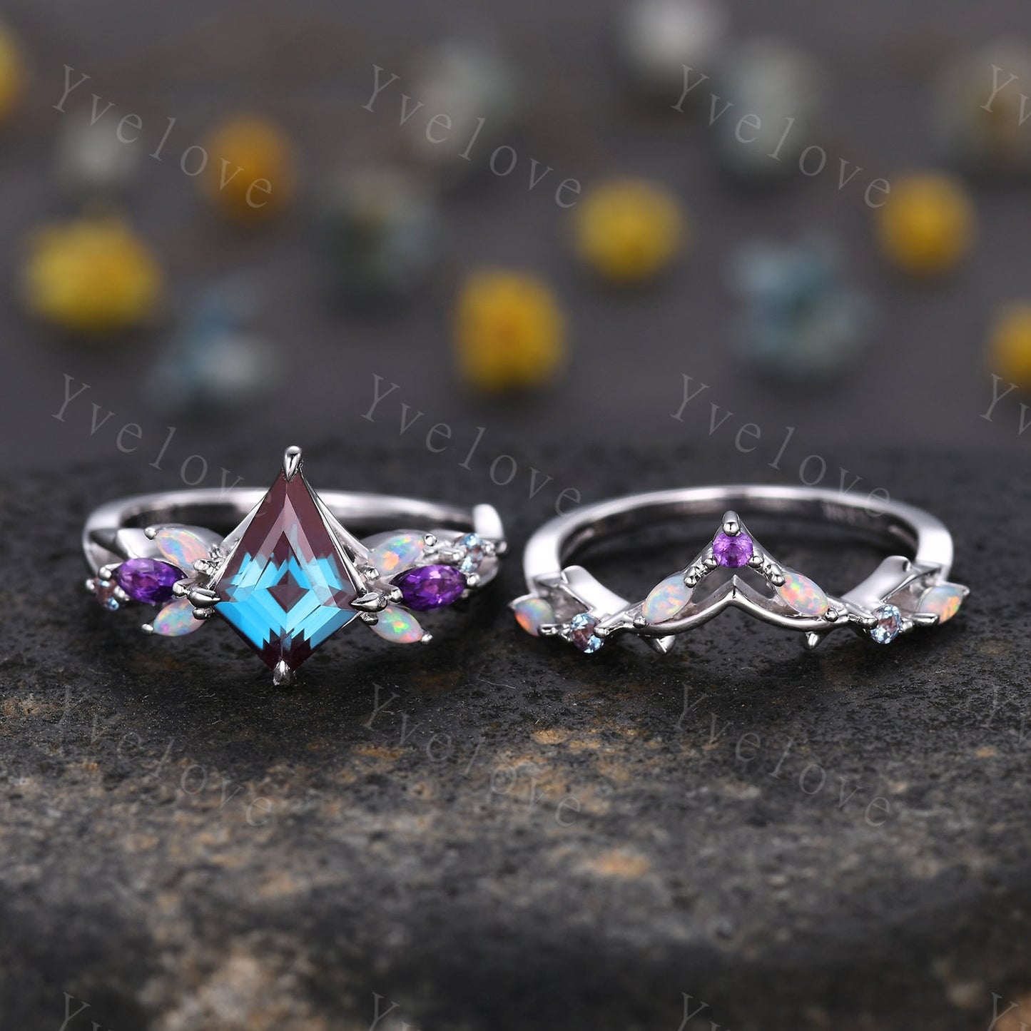 Vintage Kite Alexandrite Engagement Ring Set,White Gold,Vines Amethyst Opal Ring,Women Bridal Set,Unique Twig Anniversary Promise Ring Gift