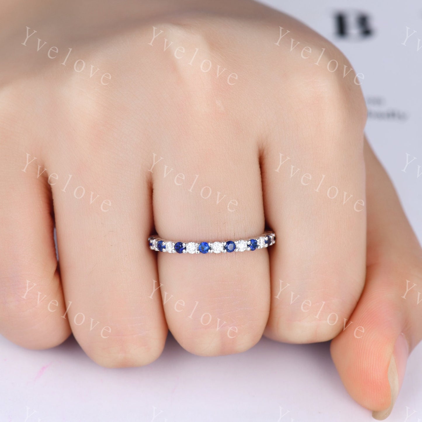 2mm blue sapphire diamond engagement ring eternity band 14k solid white gold moissanite matching stacking ring custom jewelry Christmas gift