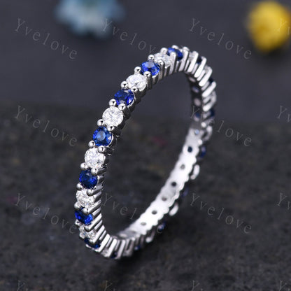 2mm blue sapphire diamond engagement ring eternity band 14k solid white gold moissanite matching stacking ring custom jewelry Christmas gift