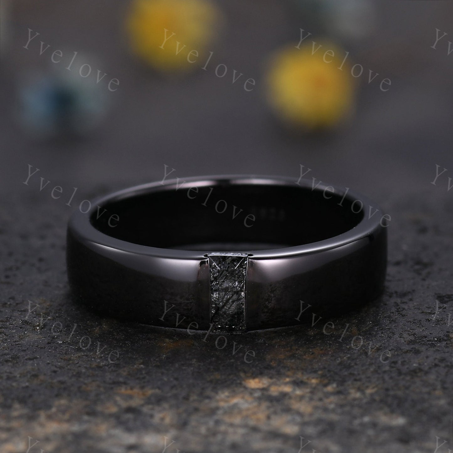 Mens Black Rutilate Quartz Wedding Band Baguette Cut Band 5mm Black Gold Ring Mens Solitaire Stacking Matching Band Retro Vintage Ring Gift