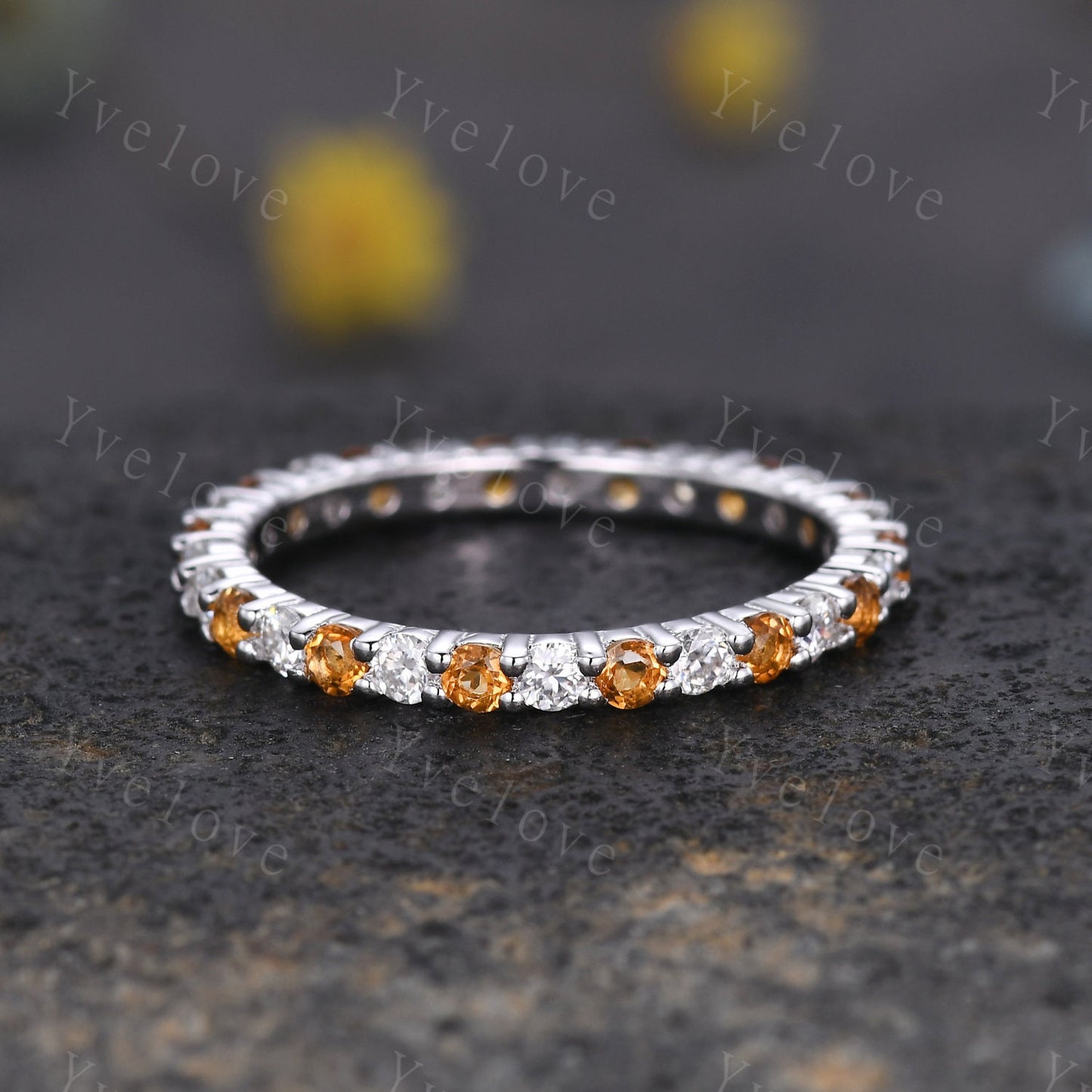 Unique 2mm Yellow Citrine diamond engagement ring eternity wedding band sterling silver diamond matching stacking ring women birthstone gift