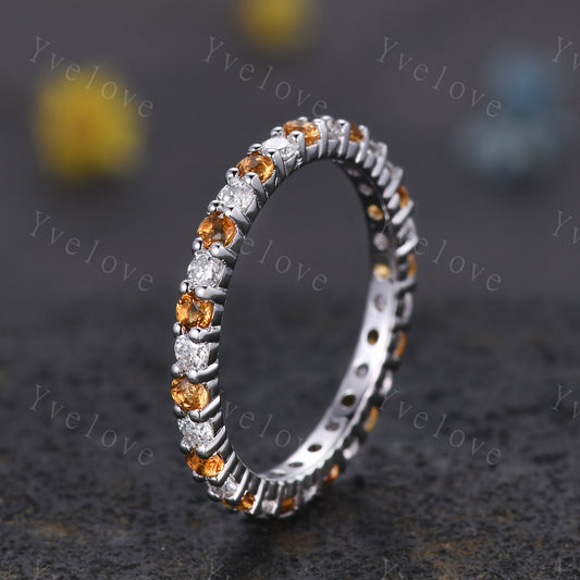 Unique 2mm Yellow Citrine diamond engagement ring eternity wedding band sterling silver diamond matching stacking ring women birthstone gift