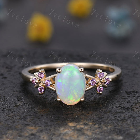 Art Deco Natural Oval Opal Engagement Ring,White Fire Opal Ring,Amethyst Wedding Band,Cluster Ring,Gold Ring,October birthstone Ring Gift