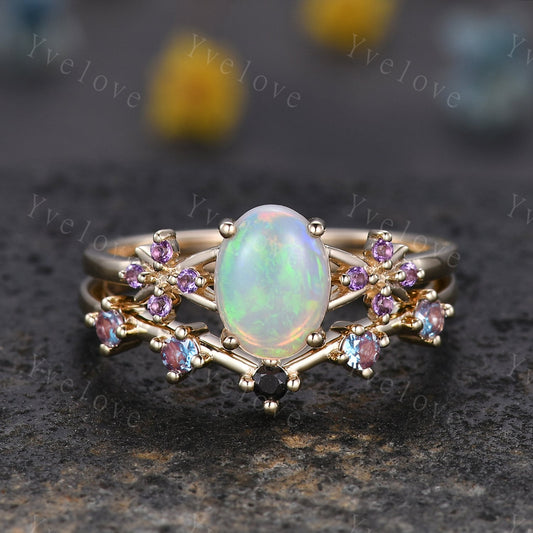 Natural Oval Opal Engagement Ring,White Fire Opal Bridal Set,Amethyst Alexandrite Stacking Band,Cluster Women 14K Gold Ring,Handmade Gift