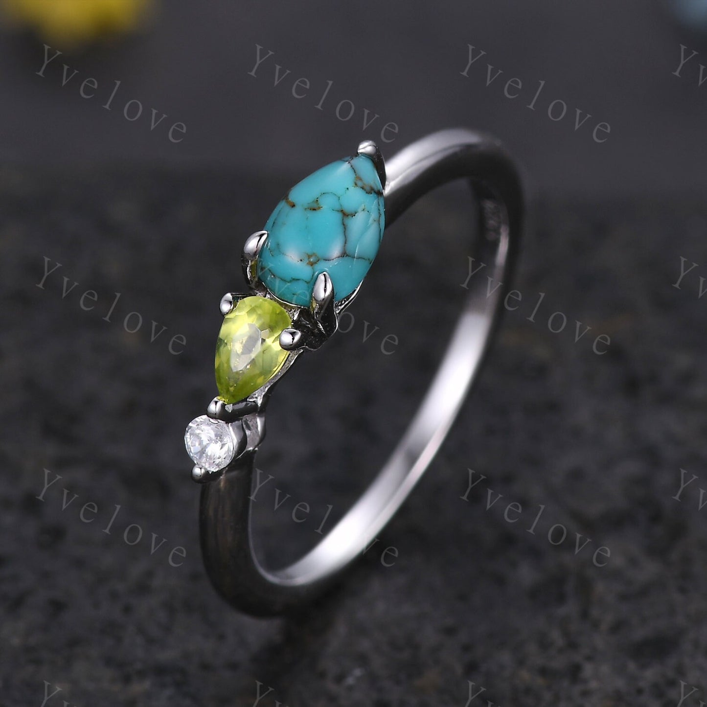 Vintage Turquoise Peridot Ring Engagement Ring,Pear Cut Gems,Art Deco Moissanite Wedding Band,3 Stone Unique Women Bridal Promise Ring