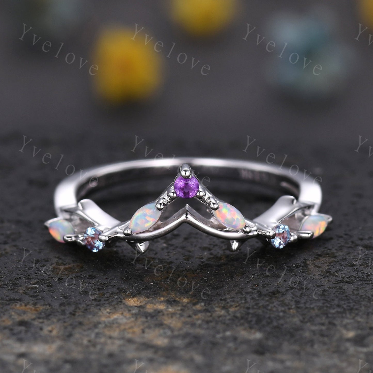 Antique Amethyst Opal wedding band alexandrite Ring,Women Twig Matching Band,Art Deco V Curved Branch Wedding Band,Silver Ring,Customized